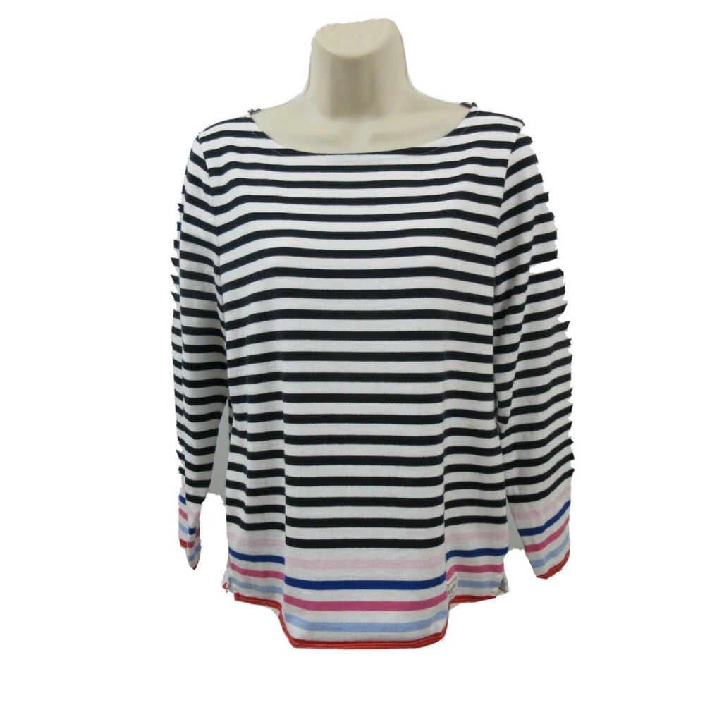 Talbots Black White Striped Top Size MP Long Sleeve Round Neck 100% Cotton Logo